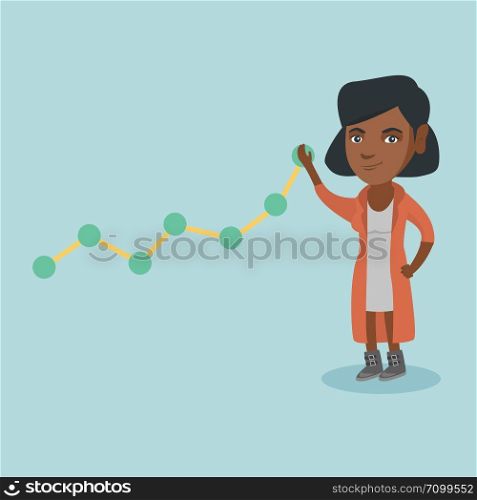 African-american business woman pulling up a business chart. Young business woman lifting a business chart. Vector cartoon illustration. Square layout.. Young business woman pulling up a business chart.