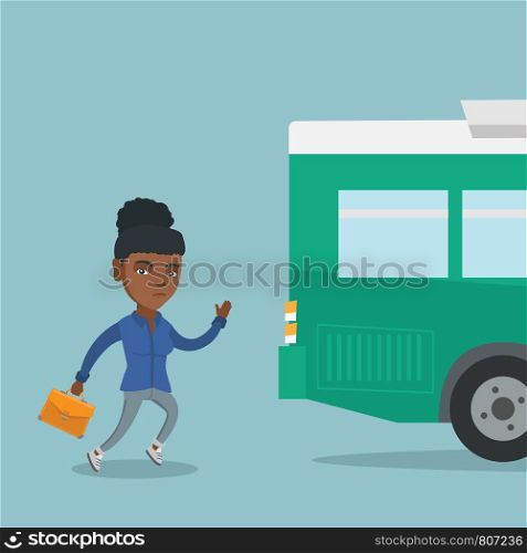 African-american business woman running for an outgoing bus. Young business woman chasing a bus. Latecomer business woman running to reach a bus. Vector cartoon illustration. Square layout.. African latecomer woman running for the bus.