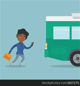 African-american business woman running for an outgoing bus. Young business woman chasing a bus. Latecomer business woman running to reach a bus. Vector cartoon illustration. Square layout.. Young african latecomer woman running for the bus.