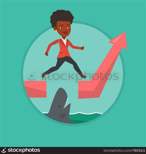 African-american business woman running on ascending graph and jumping over gap. Business woman jumping over ocean with shark. Vector flat design illustration in the circle isolated on background.. Business woman jumping over ocean with shark.