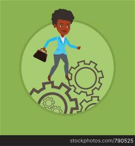 African-american business woman running on cogwheels. Business woman running to success. Young business woman running in a hurry. Vector flat design illustration in the circle isolated on background.. Business woman running on cogwheels.