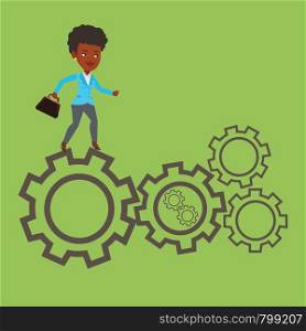 African-american business woman running on cogwheels. Business woman running to success. Business woman running in a hurry. Concept of moving to success. Vector flat design illustration. Square layout. Business woman running on cogwheels.