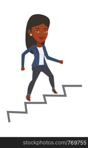 African-american business woman running up the career ladder. Happy business woman climbing the career ladder. Concept of business career. Vector flat design illustration isolated on white background.. Business woman running up the career ladder.