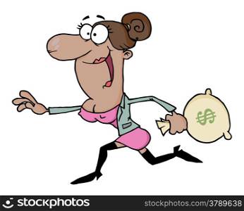 African American Business Woman Running With The Money Bag