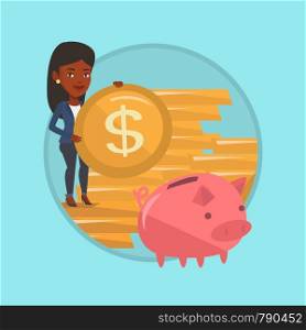 African-american business woman saving money in piggy bank. Business woman putting money in a piggy bank. Concept of saving money. Vector flat design illustration in the circle isolated on background.. Business woman putting coin in piggy bank.