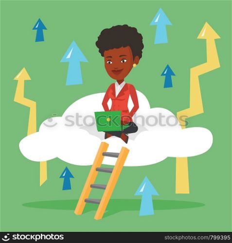 African-american business woman sitting on a cloud and working on her laptop. Business woman using cloud computing technology. Cloud computing concept. Vector flat design illustration. Square layout.. Business woman sitting on cloud with laptop.
