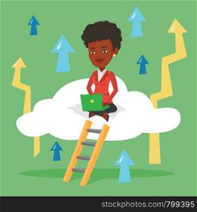 African-american business woman sitting on a cloud and working on her laptop. Business woman using cloud computing technology. Cloud computing concept. Vector flat design illustration. Square layout.. Business woman sitting on cloud with laptop.