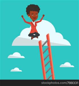 African-american business woman sitting on a cloud with ledder. Successful business woman relaxing on a cloud. Businesswoman with rised hands on cloud. Vector flat design illustration. Square layout.. Happy business woman sitting on the cloud.