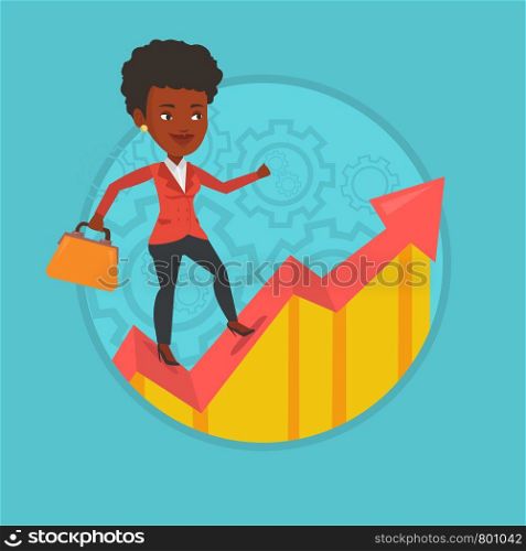 African-american business woman standing on profit chart. Business woman running along the profit chart. Business profit concept. Vector flat design illustration in the circle isolated on background.. Happy business woman standing on profit chart.