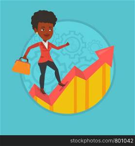 African-american business woman standing on profit chart. Business woman running along the profit chart. Business profit concept. Vector flat design illustration in the circle isolated on background.. Happy business woman standing on profit chart.