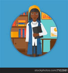 African-american business woman standing on the background of computer screen with charts. Woman giving business presentation. Vector flat design illustration in the circle isolated on background.. Woman making business presentation.