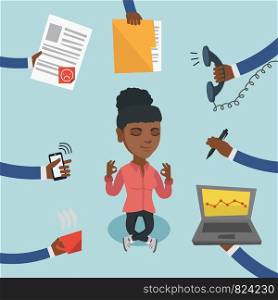 African-american business woman surrounded by many hands that give her a lot of work. Busy business woman trying to relax meditating in yoga lotus pose. Vector cartoon illustration. Square layout.. Woman meditating despite having lots of work.
