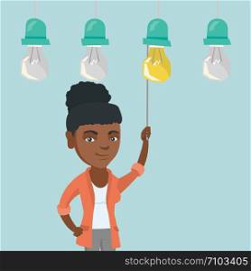 African-american business woman switching on hanging idea light bulb. Young cheerful business woman pulling a light switch. Business idea concept. Vector cartoon illustration. Square layout.. Business woman switching on hanging idea bulb.