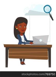 African-american business woman using cloud computing technologies. Business woman working on laptop under cloud. Cloud computing concept. Vector flat design illustration isolated on white background.. Cloud computing technology vector illustration.