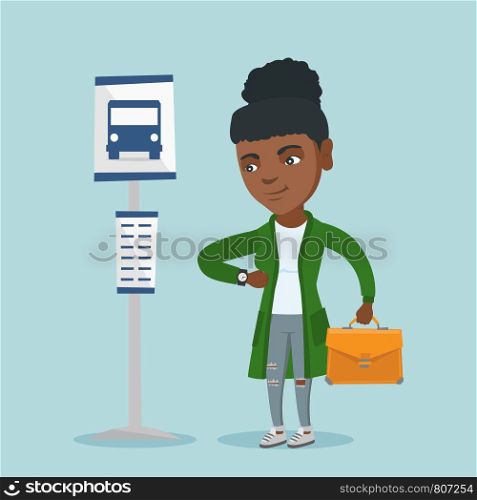 African-american business woman waiting for a bus at the bus stop. Young business woman standing at the bus stop. Woman looking at her watch at the bus stop. Vector cartoon illustration. Square layout. African woman waiting for a bus at the bus stop.