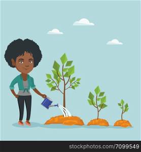 African-american business woman watering trees of three sizes. Young businesswoman watering plants with watering can. Business growth and investment concept. Vector cartoon illustration. Square layout. Young african business woman watering trees.