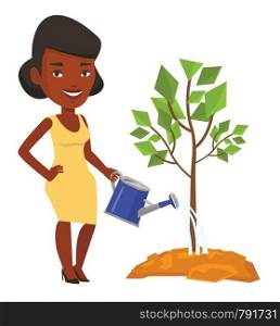 African-american business woman watering trees of three sizes. Young businesswoman watering plants. Business growth and investment concept. Vector flat design illustration isolated on white background. Business woman watering trees vector illustration.