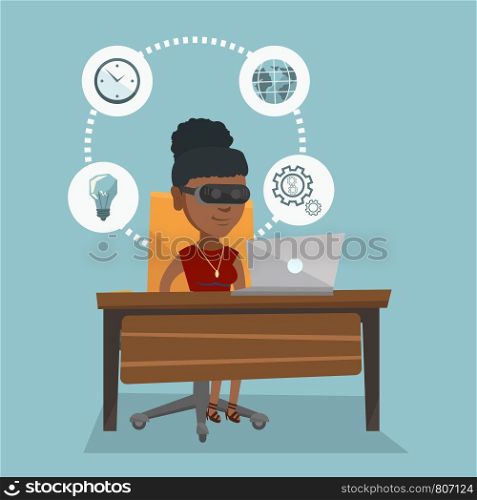 African-american business woman wearing virtual reality headset and working on a computer. Young business woman using virtual reality device in the office. Vector cartoon illustration. Square layout.. Business woman in vr headset working on a computer