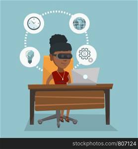 African-american business woman wearing virtual reality headset and working on a computer. Young business woman using virtual reality device in the office. Vector cartoon illustration. Square layout.. Business woman in vr headset working on a computer