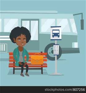 African-american business woman with a briefcase waiting for a bus at the bus stop. Young smiling business woman sitting on the bus stop bench. Vector cartoon illustration. Square layout.. African woman waiting for a bus at the bus stop.