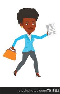 African-american business woman with briefcase and a document running. Business woman running in a hurry. Business woman running forward. Vector flat design illustration isolated on white background.. Happy business woman running vector illustration.