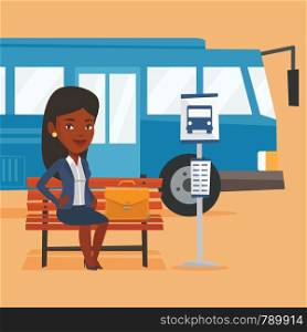 African-american business woman with briefcase waiting at the bus stop. Businesswoman sitting at the bus stop. Businesswoman sitting on a bus stop bench. Vector flat design illustration. Square layout. Business woman waiting at the bus stop.