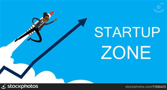 African american business woman with jet pack,startup zone concept,place for text,flat vector illustration