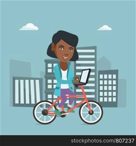 African-american business woman working on a laptop while riding a bicycle. Business woman riding a bicycle to work on the background of city buildings. Vector cartoon illustration. Square layout.. Business woman riding a bicycle with a laptop.