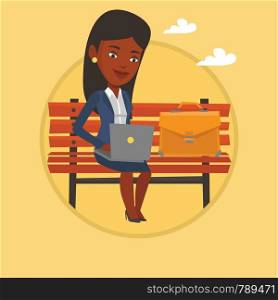 African-american business woman working outdoor. Business woman working on a laptop. Woman sitting on bench and working on laptop. Vector flat design illustration in the circle isolated on background.. Business woman working on laptop outdoor.