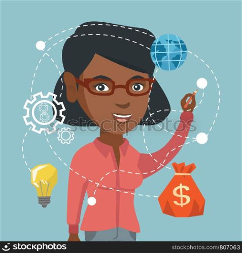 African-american business woman writing on a virtual screen. Young business woman drawing a business diagram on a virtual screen. Vector cartoon illustration. Square layout.. Young african woman writing on a virtual screen.