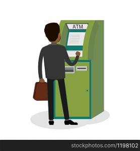 African american businessman and ATM bank terminal,isolated on white background,flat vector illustration