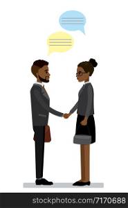 African american Businessman and businesswoman shake hands,isolated on white background,flat vector ilustration.