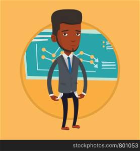 African-american businessman bankrupt showing his empty pockets. Bankrupt turning his empty pockets inside out. Bankruptcy concept. Vector flat design illustration in the circle isolated on background. Bancrupt business man vector illustration.