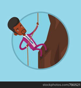 African-american businessman climbing on the rock. Businessman climbing on the mountain using rope. Concept of business challenge. Vector flat design illustration in the circle isolated on background.. Business man climbing on the mountain.