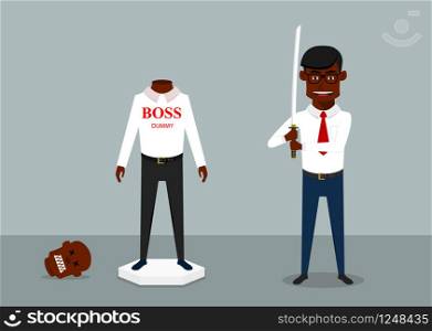 African american businessman cut off the head of boss dummy with japanese sword. Work relationship, anger management, conflict resolution themes design. Manager with sword for anger management design