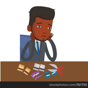 African-american businessman cutting credit card. Man sitting at the desk with cut credit card. Man cutting credit card with scissors. Vector flat design illustration isolated on white background.. Businessman bankrupt cutting his credit card.