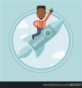 African-american businessman flying on business start up rocket and pointing forefinger up. Successful business start up concept. Vector flat design illustration in the circle isolated on background.. Business start up vector illustration.