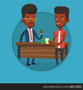African-american businessman giving a bribe. Uncorrupted businessman refusing to take a bribe. Bribery and corruption concept. Vector flat design illustration in the circle isolated on background. Uncorrupted man refusing to take bribe.