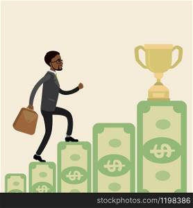 African american Businessman goes up the stairs of money to the prize,success concept,flat vector illustration