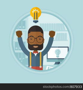 African-american businessman having a business idea. Man got a business idea. Man with idea bulb above head. Business idea concept. Vector flat design illustration in the circle isolated on background. Creative excited man having business idea.