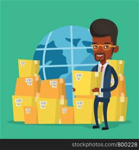 African-american businessman holding box on the background of world map. Man working in international delivery service. International delivery concept. Vector flat design illustration. Square layout.. Business worker of international delivery service.