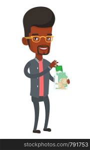 African-american businessman holding money box. Businessman saving money banknotes in glass jar. Businessman putting money into glass jar. Vector flat design illustration isolated on white background.. Man putting dollar money into glass jar.