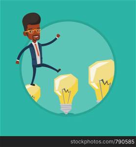 African-american businessman in a suit hopping onto idea bulbs. Young businessman jumping on idea bulbs. Concept of business idea. Vector flat design illustration in the circle isolated on background.. Businessman jumping on light bulbs.