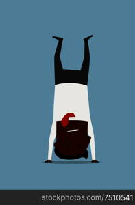 African american businessman in suit doing yoga handstand pose, trying to relax after busy day. Cartoon flat character. Cartoon businessman doing yoga handstand pose