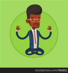 African-american businessman in suit relaxing in lotus position. Businessman with eyes closed meditating in yoga lotus position. Vector flat design illustration in the circle isolated on background.. Businessman meditating in lotus position.