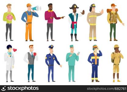 African-american businessman indicating with two fingers to the side. Cheerful businessman pointing with two fingers to the side. Set of vector flat design illustrations isolated on white background.. Vector set of professions characters.