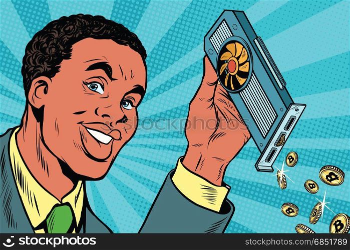 African American businessman is mining bitcoins with a video card. Pop art retro comic book vector illustration. African American businessman is mining bitcoins with a video car