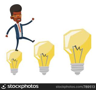 African-american businessman jumping on idea bulbs. Smiling businessman in a suit hopping onto idea bulbs. Concept of business idea. Vector flat design illustration isolated on white background.. Businessman jumping on idea bulbs.