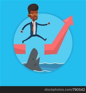 African-american businessman jumping over ocean with shark. Businessman jumping over gap on ascending graph. Business risk concept. Vector flat design illustration in the circle isolated on background. Risky businessman jumping over ocean with shark.