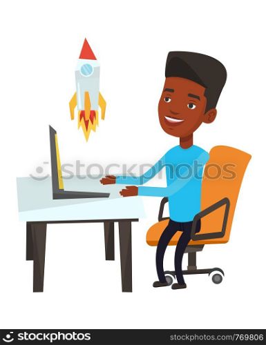 African-american businessman looking at business start up rocket. Businessman working on business start up. Business start up concept. Vector flat design illustration isolated on white background.. Business start up vector illustration.